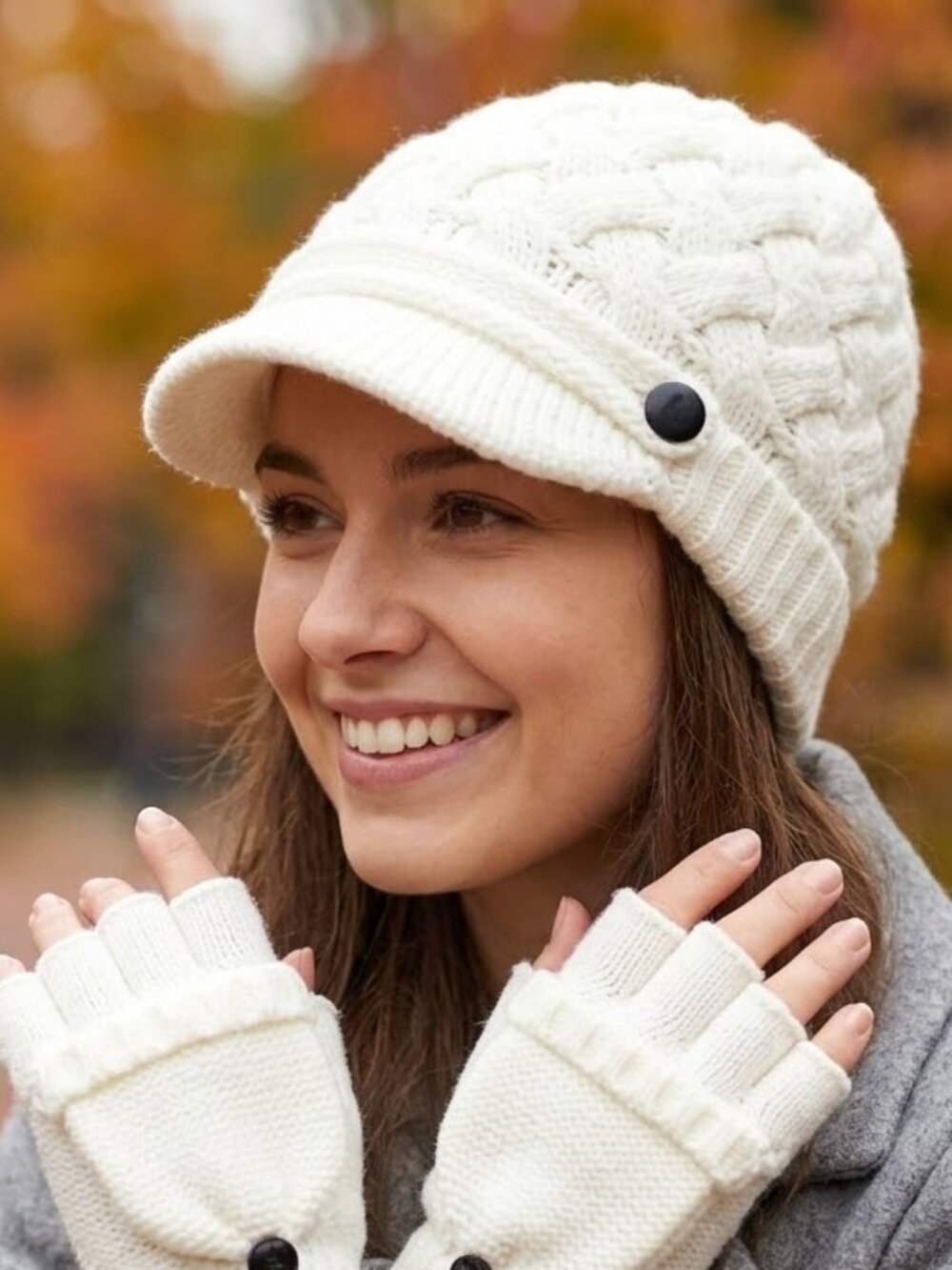 Knit Hat Pageboy Cap Hat and Fingerless Glove Set Cream Color